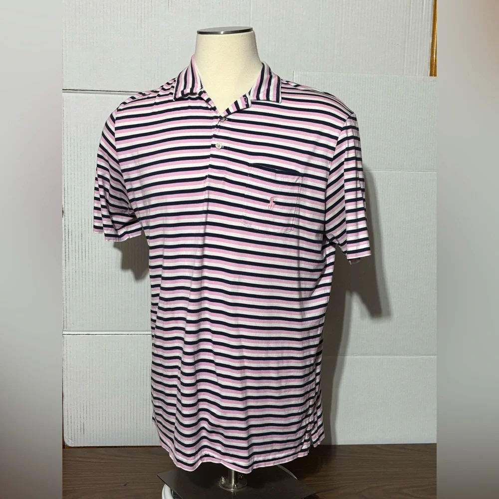 Polo by Ralph Lauren XL Men's Striped Polo Shirt pink & navy blue 30” L 23” p2p